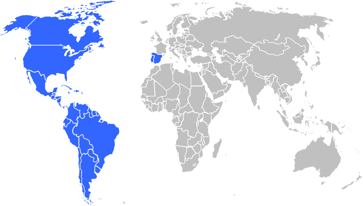 Ibero-America regions - North, Central and South America, Spain and Portugal- highlighted on world map