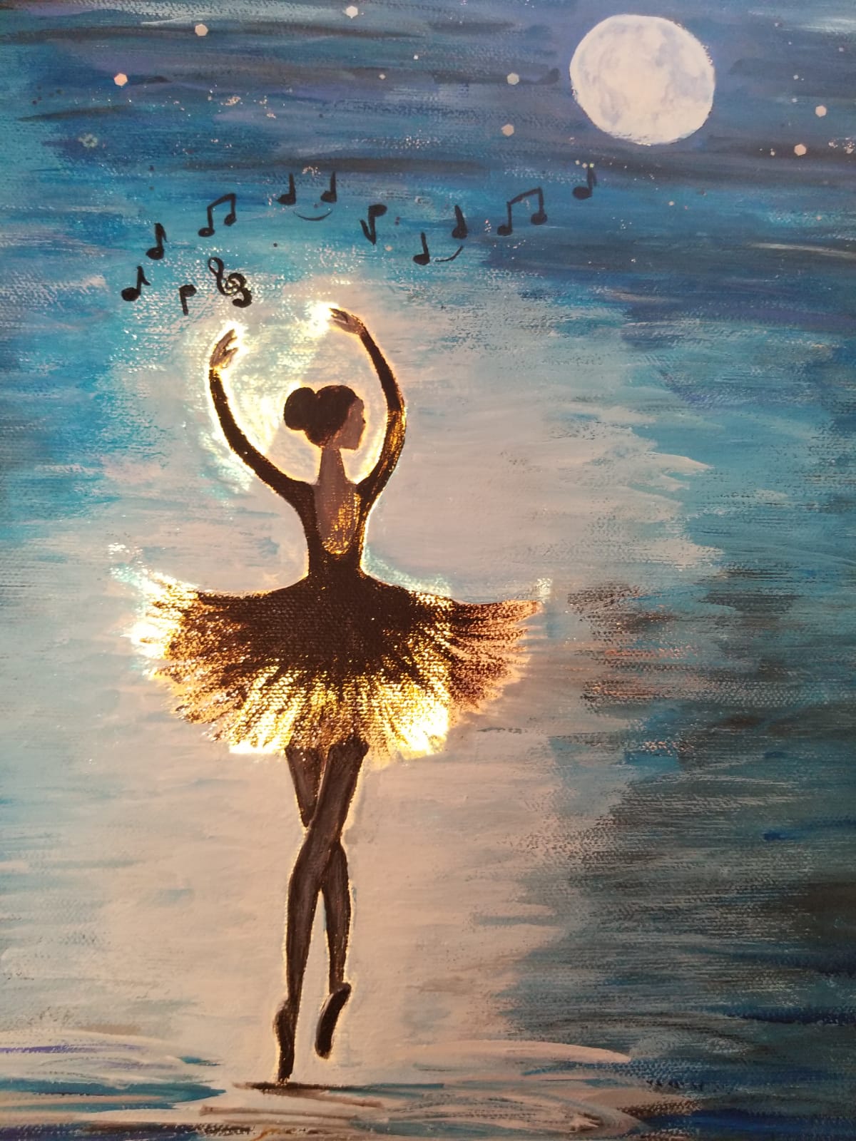 Painting of a ballerina in mid-pirouette with moon and musical notes in the sky 